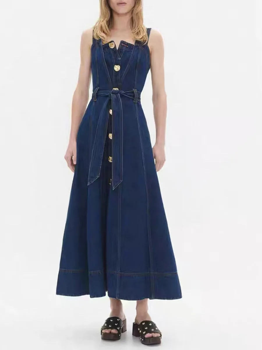 

Sexy Spaghetti Strap High Waist Gold Buttons Denim Dress Women Sleeveless Square Neck A-line Long Dresses Evening Party Gowns