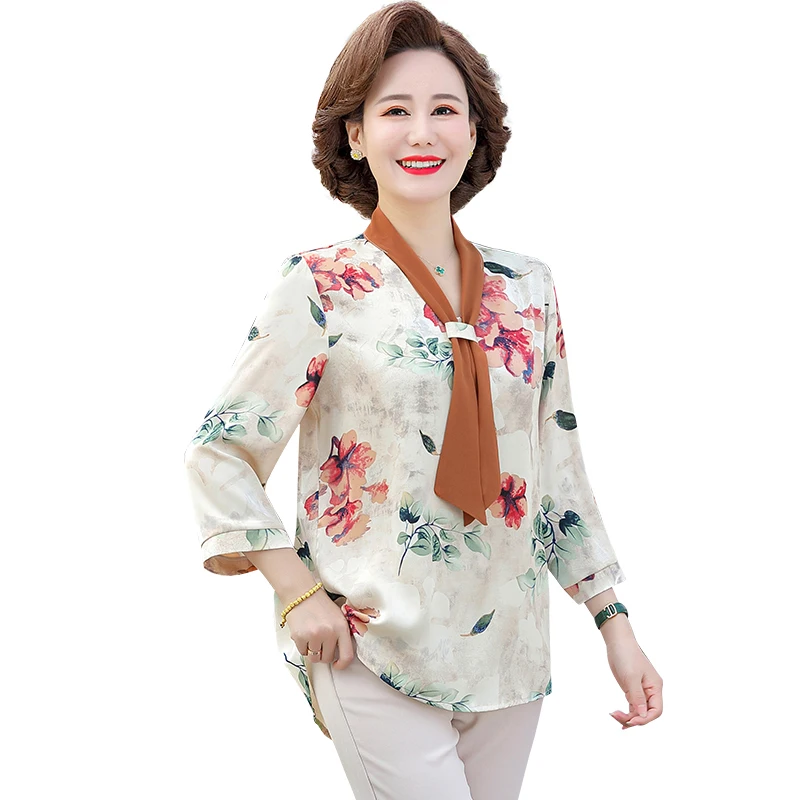 Women's Chiffon Blouse Casual Chiffon Half Sleeve ribbon Blouse Spring Summer Ladies printing Shirt Blouses