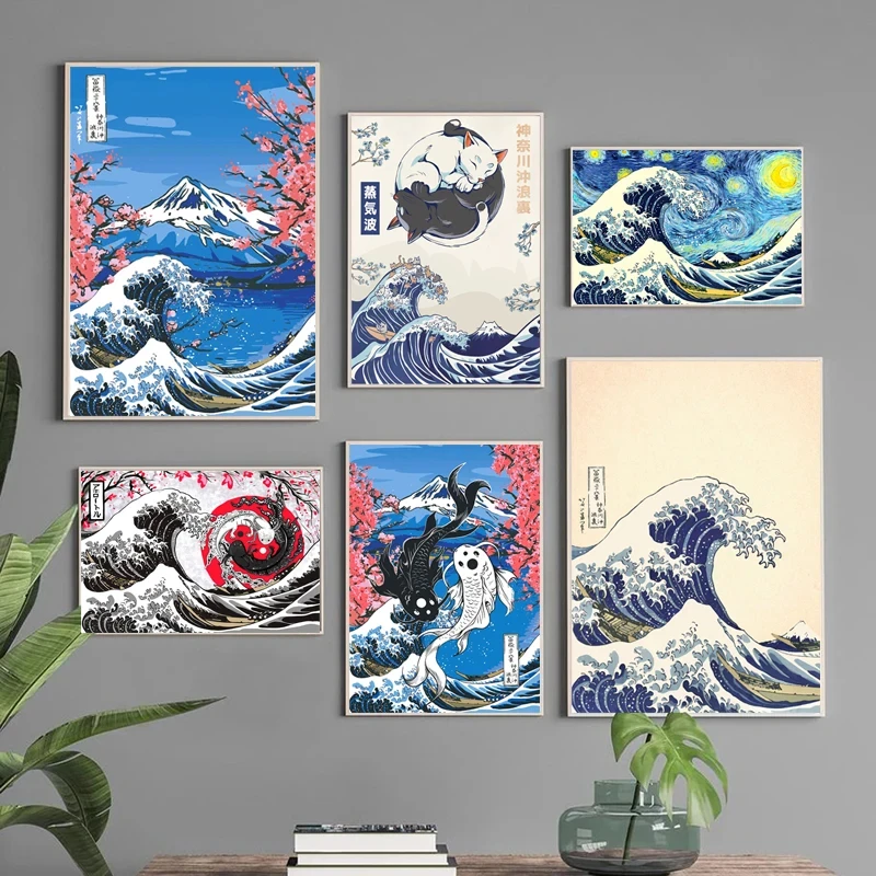 Toile d'art japonais Vintage, peintures la grande vague de Kanagawa, affiche imprimée, tableau d'art mural pour décoration murale de maison