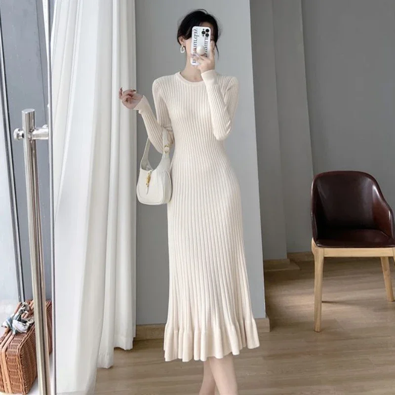 Knitting Midi Dress Women Ruffles Long Sleeve O-neck Casual Solid Vestidos De Mujer Temperament Autumn Clothing Korean Fashion