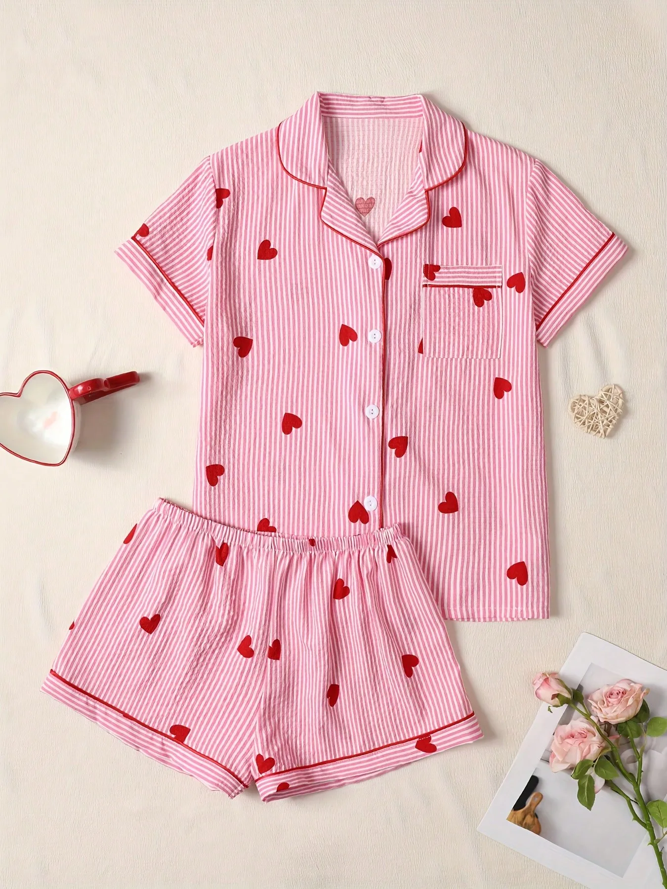 

Women's Pink Striped Heart Print Short Pajama Set - Button Front Top & Shorts