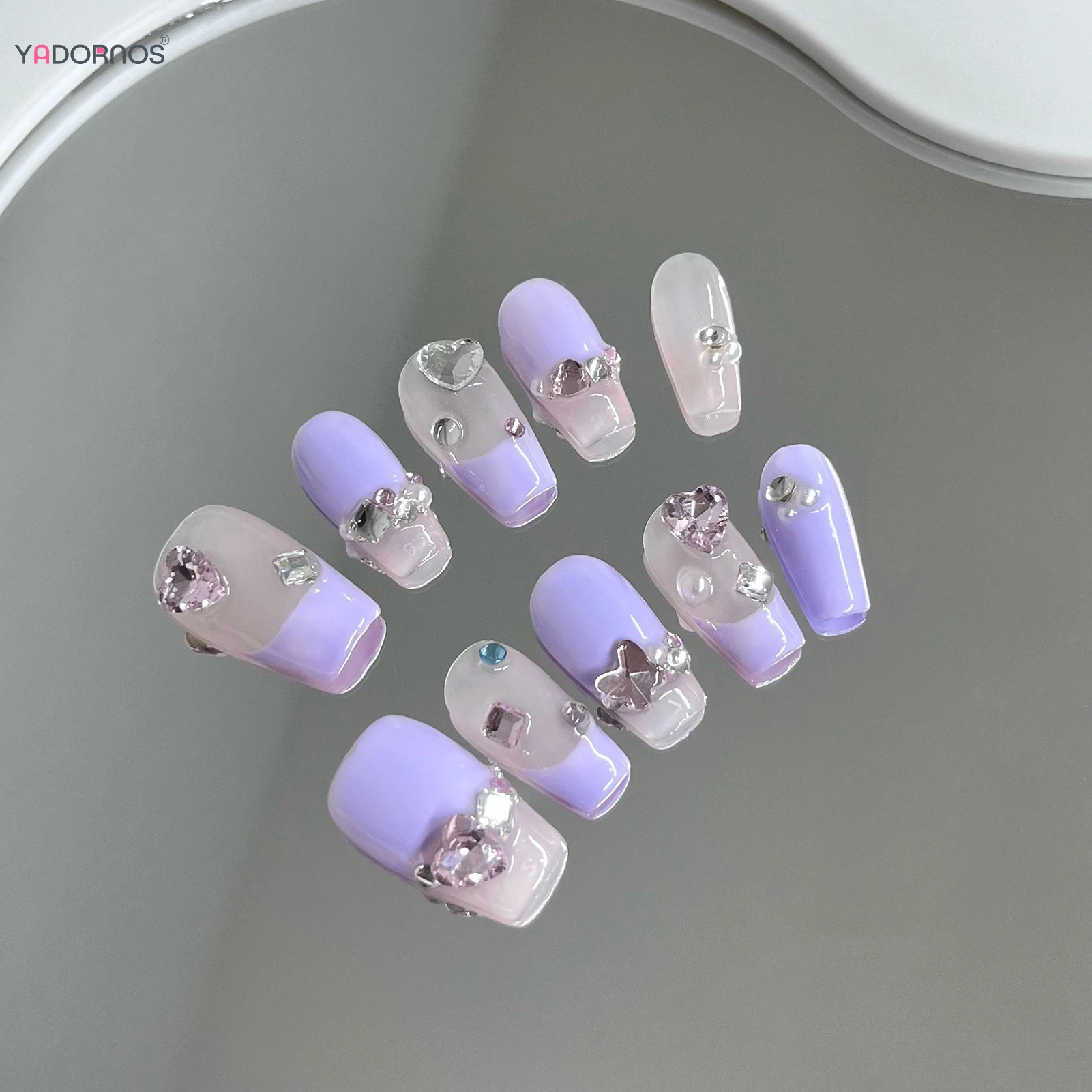 Dicas de unhas postiças artesanais bailarina, estilo francês roxo, pressione unhas, decoração de diamante, mulheres e meninas, 10 peças