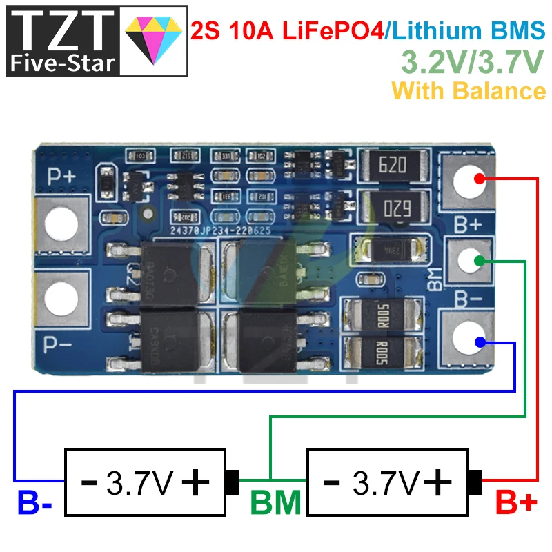 TZT BMS 2S 3.2V 3.7V 10A LiFePO4 / Lithium Battery Charge Protection Board 6.4V 7.2V 18650 32650 Battery Packs With Balance