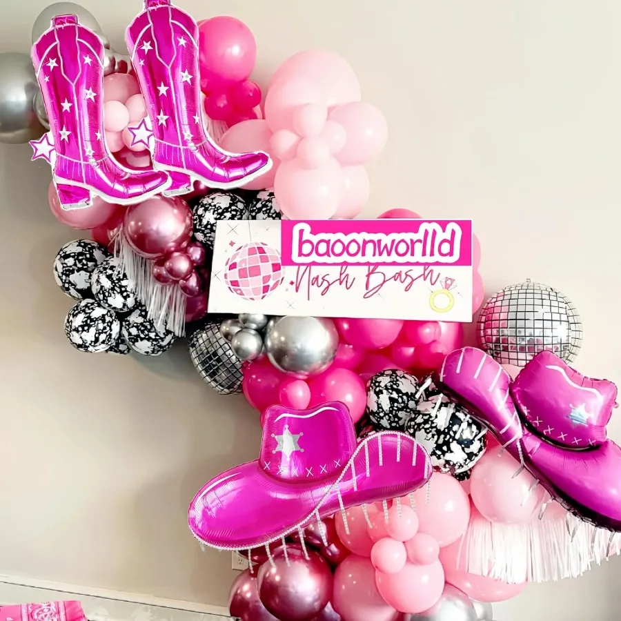 4개 핑크 카우걸 부츠+모자 포일 풍선 서부 카우 파티 장식 부츠 온 더 그라운드 파티 장식 라스트 로데오 파티 C