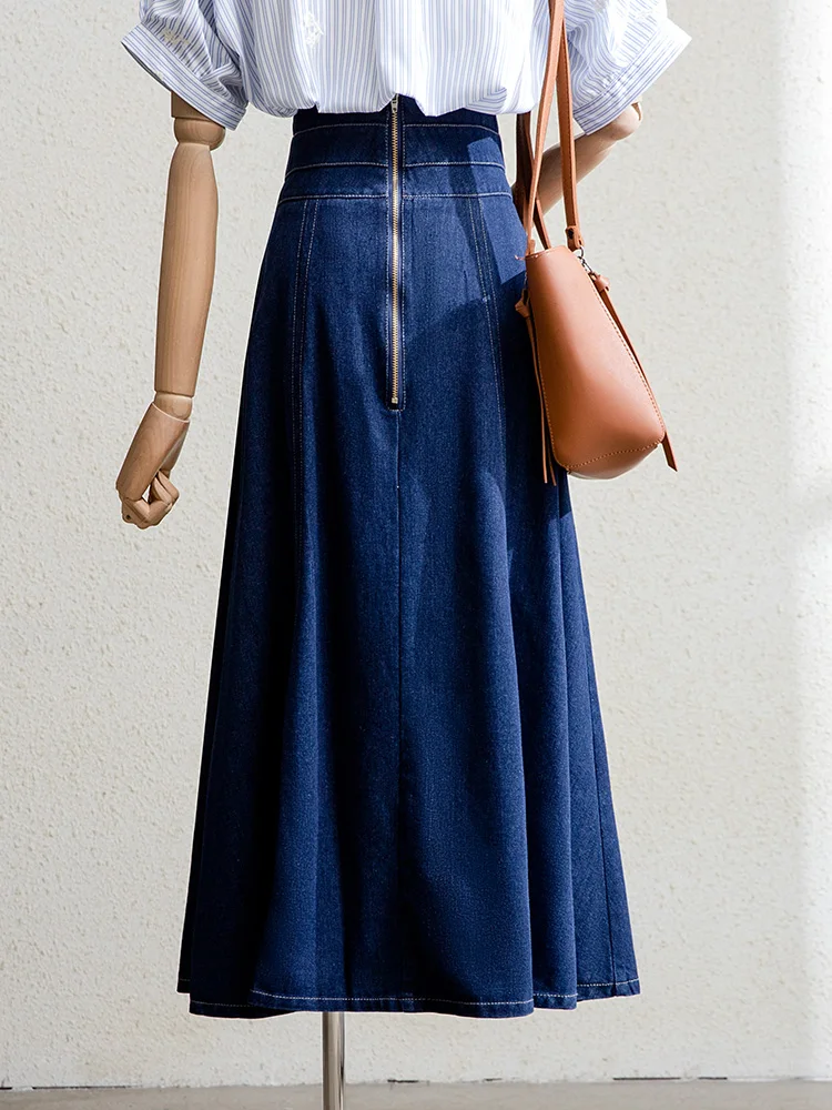 

High Waist A-Line Midi Skirt Women's Denim Draped Hip Concealing Summer New Sle Zipper Baward Simple Commute Skirt