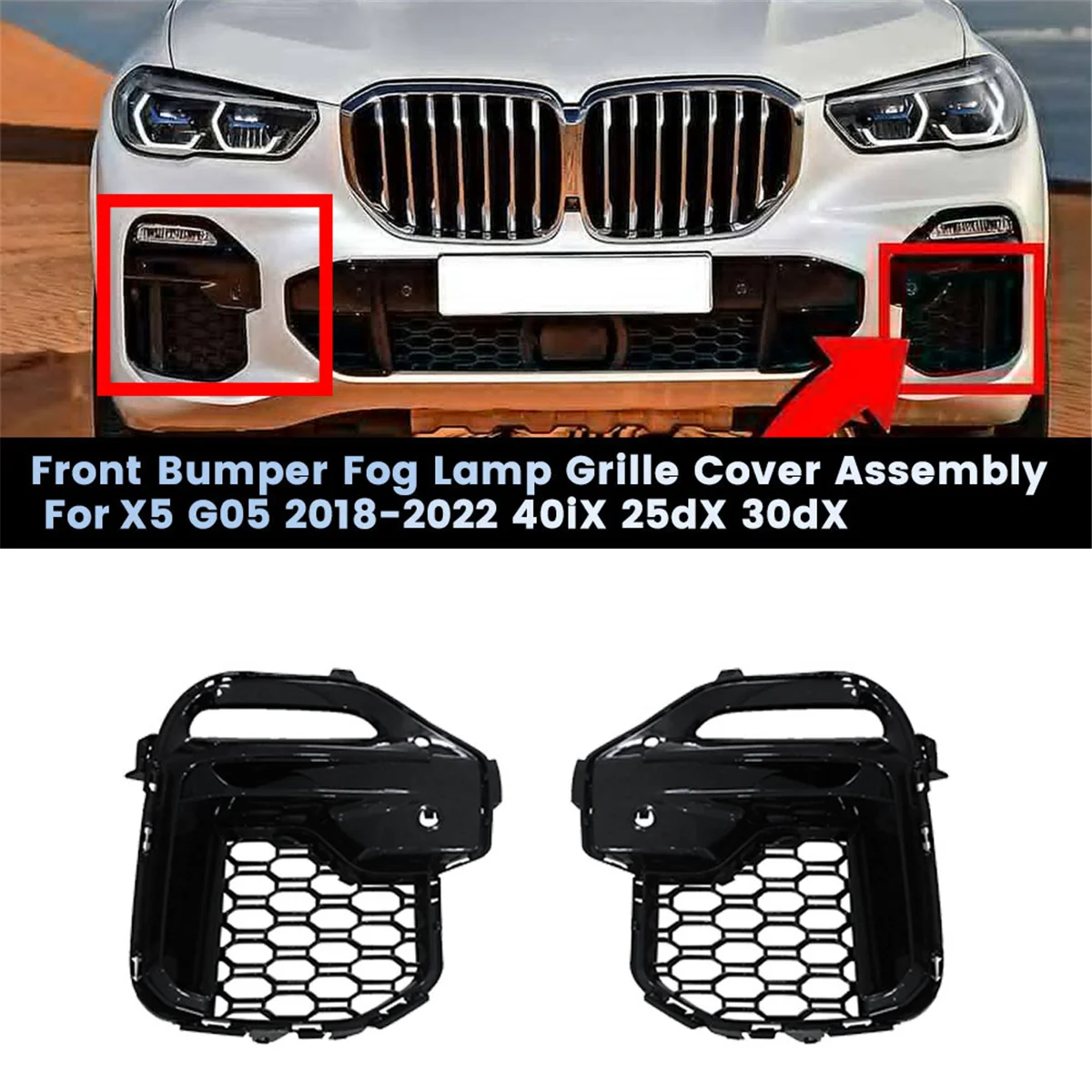 1Pair Front Bumper Fog Lamp Grille Assembly for X5 G05 2018-2022 40IX 25DX 30DX Modified Grille Decorative Cover