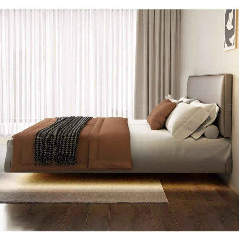 m*-Premium Modern Floating Bed Frame with LED Ambient Light, Light Grey Upholstered Bed with Soft Headboard