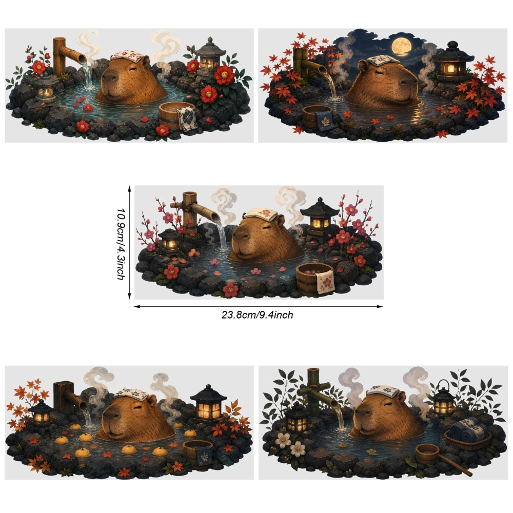 5 Sheets Capybara Onsen Scene UV DTF Stickers Mug Decoration Gift DIY Water Bottle Glass Waterproof Rub on Transfers