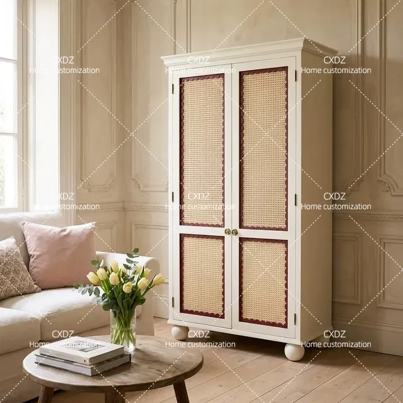 French Rattan Solid Wood Wardrobe Narrow Hanging Closet for Small Apartment Bedroom Home Independent Storage Locker