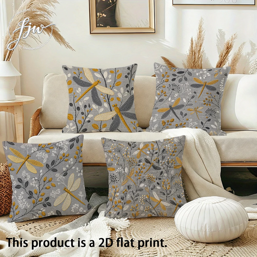 4pcs Dragonfly and Floral Throw Pillow Covers, Neutral Gray Yellow Farmhouse Decorative Cushion Cases for Sofa Bedroom