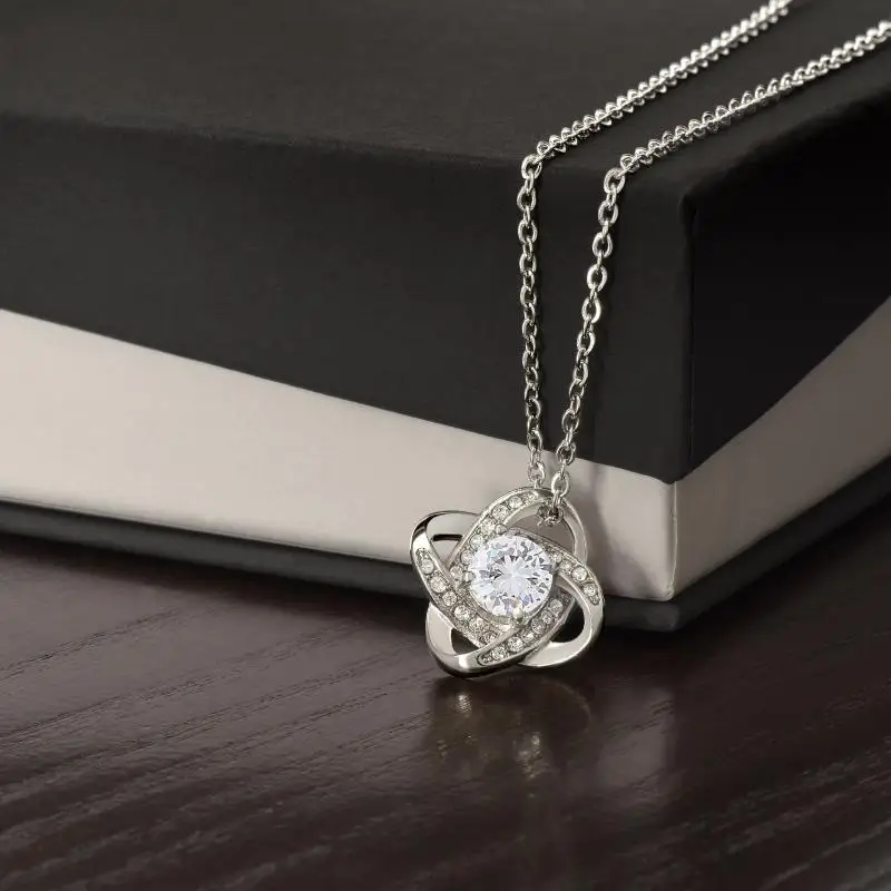 Silvery Knotted Pendant Necklace With Cubic Zirconia, Jewelry With Floral Card & Gift Box, Gift For Grandma