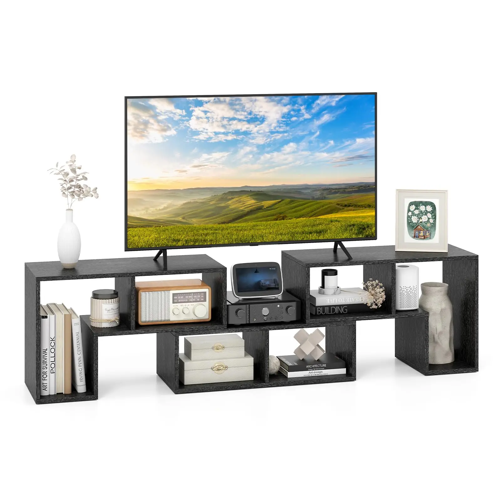 3 Pieces TV Console Stand for 50 55 60 65 Inch Flat Screen TV, Modern Entertainment Center, Black