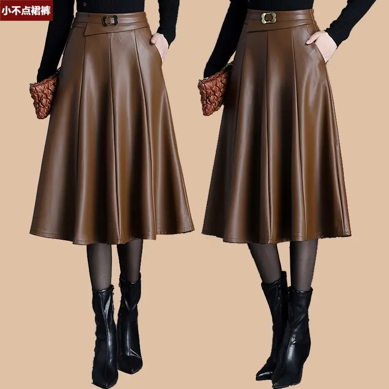 Autumn Winter Midi Pu Faux Leather Skirt Women Coffee Color Black Long High Waisted Pleated A-Line Skirts For  2024 N85