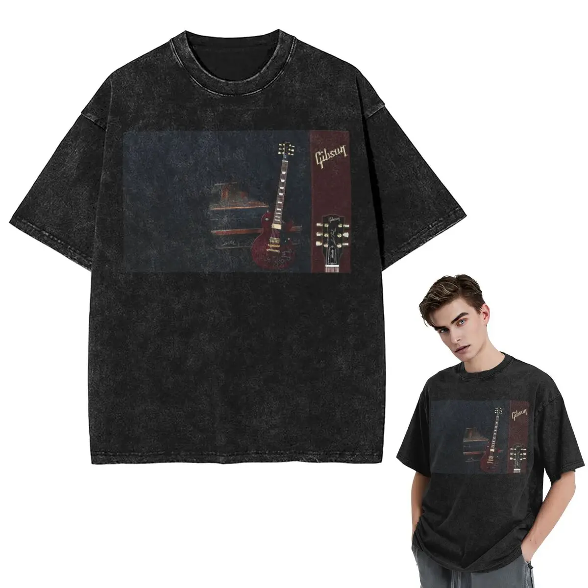 G-Gibson Music Washed T Shirts Cotton Short Sleeve Hip Hop T-Shirt Streetwear Tops Tees for Men Women - view 4