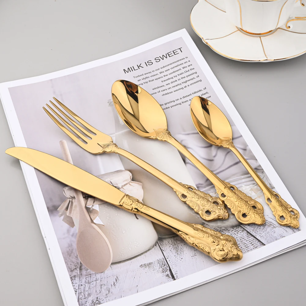 Vintage Western Plated Cutlery 18/10 Stainless Steel Luxury Gold Dinnerware Set Tableware Steak Knife Fork Spoon Silver Flatware