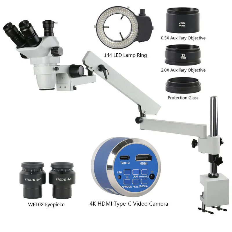 6.7X-45X Zoom Simul-Focal Trinocular Articulating Arm Clamp Stand 4K HDMI Type-c Digital Camera Lab Detection Setero Microscope