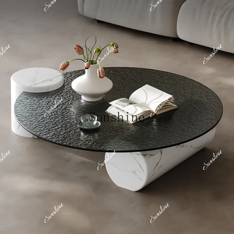 Italian minimalist round light luxury design marble water ripple hot melt glass coffee table  FT