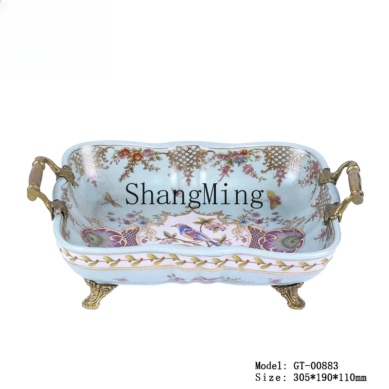 

CL luxury fruit plate hand-painted flower blue andclassical ceramic inlaid copper fruit plate high-end home living room