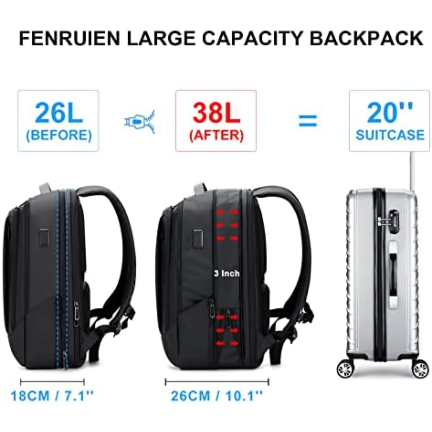 FENRUIEN Business Travel Laptop Backpack 15.6 Inch, Expandable Water Resistant with USB Port and for College/Work