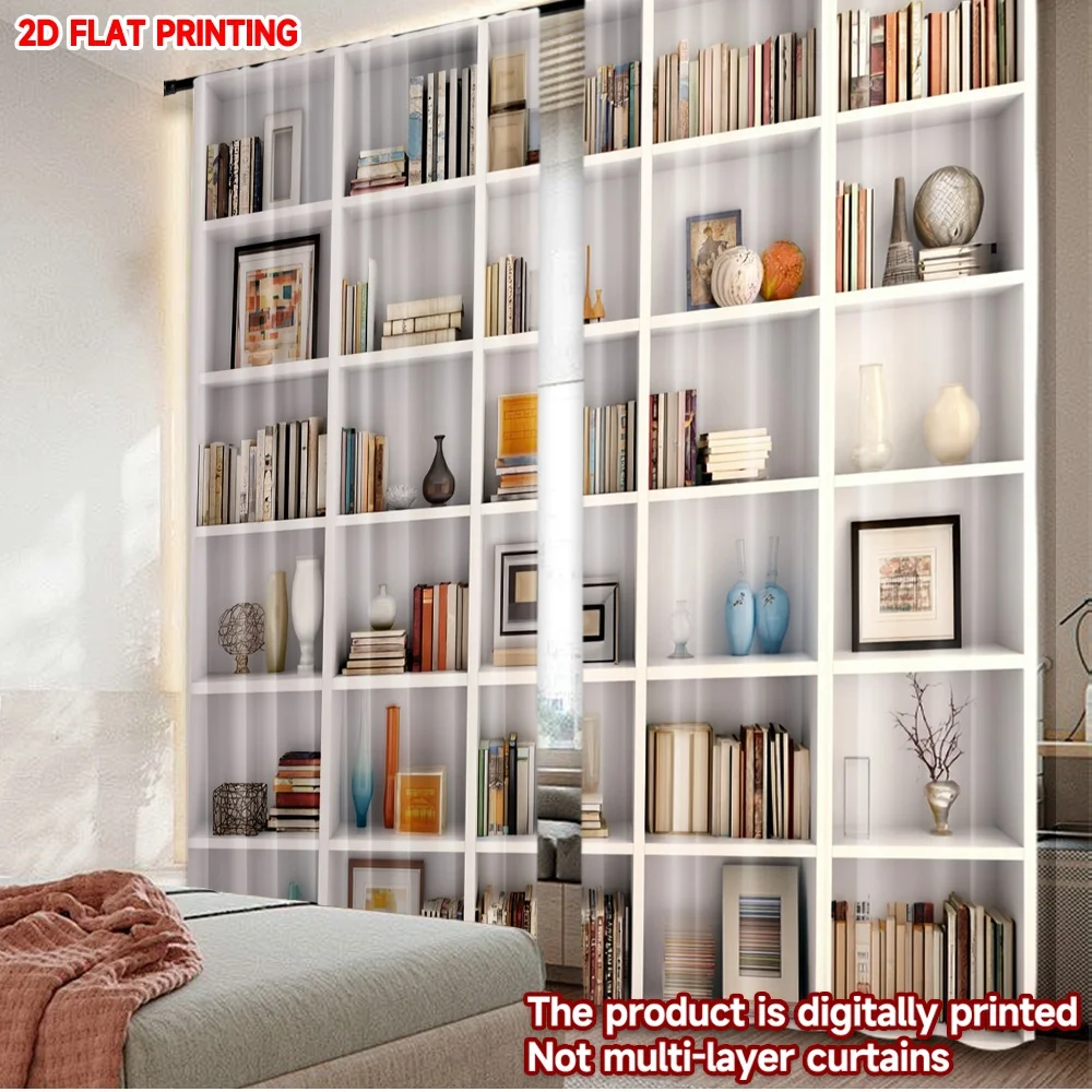 

2D flat printing 2pcs Window Curtains White Bookshelf Books Display Digital Printed Polyester Drapes Festive Holiday Perfect for