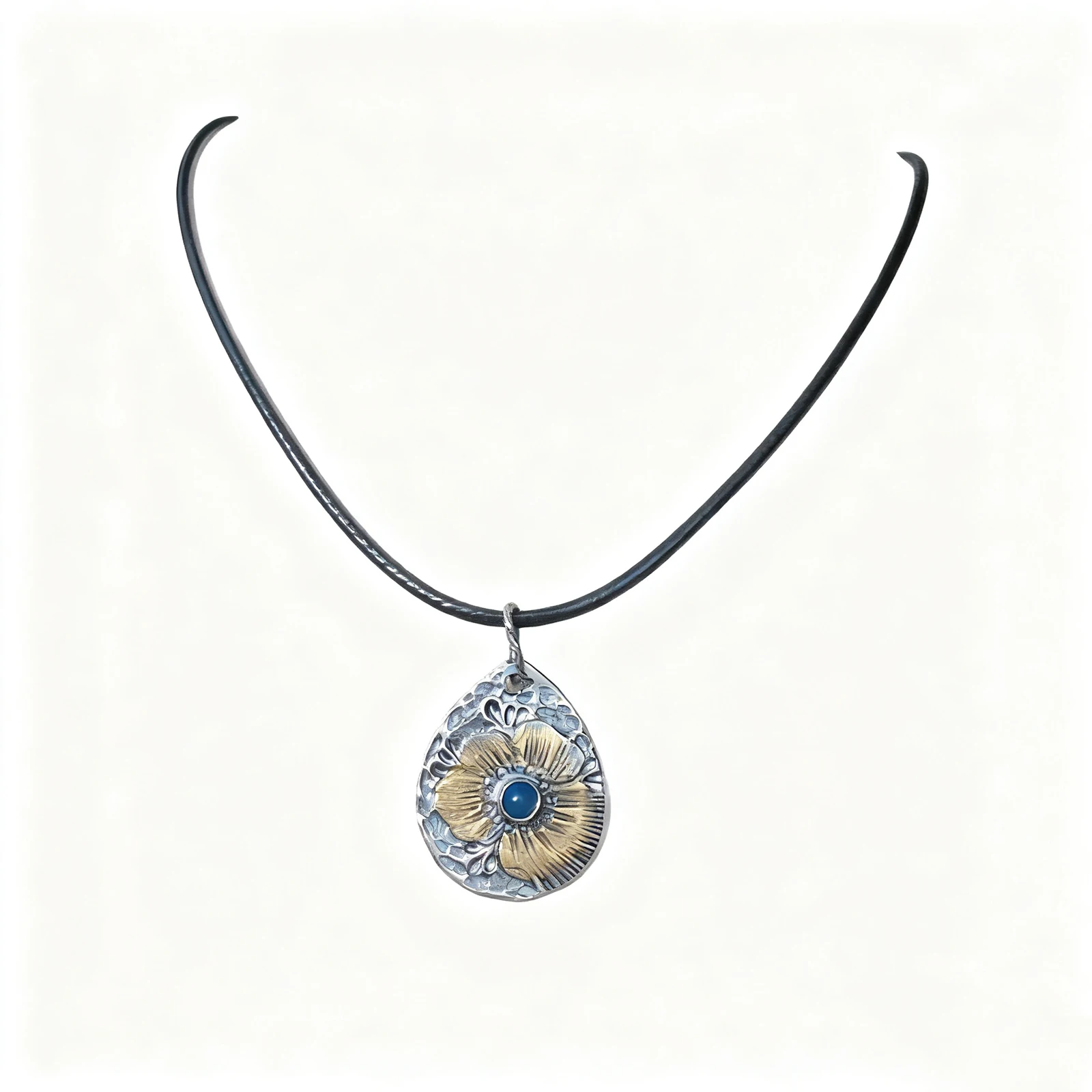 

Natural Dominican Blue Amber Pendant 925 Sterling Silver Water Drop Floral Vintage Carved Pendant Necklace UniqueBohemianJewelry