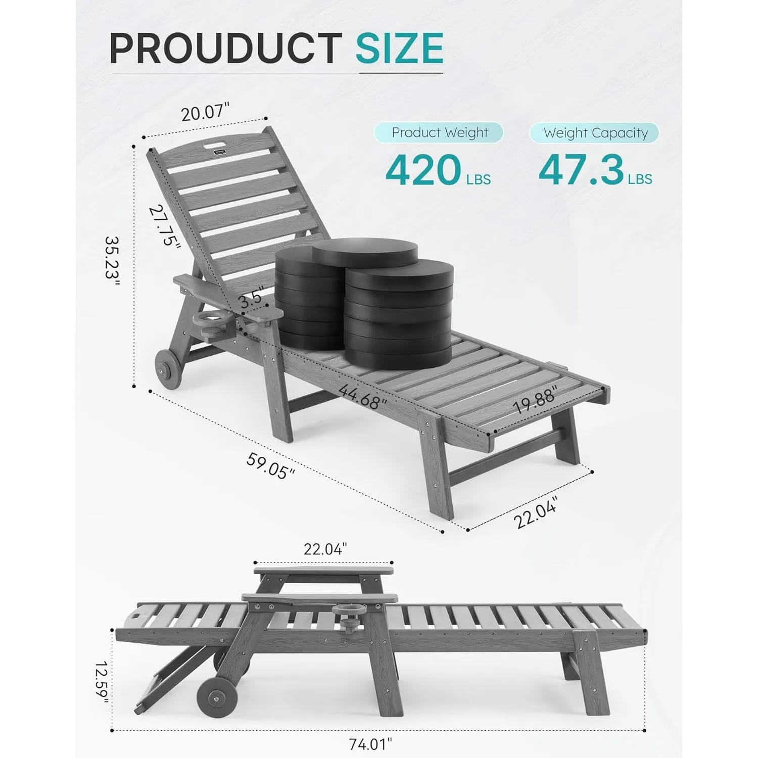 Patio Chaise Lounge Chair Outdoor with Wheels, Oversize Patio Lounge Chairs with Wood Texture HDPE 6-Position PlasticCustomized