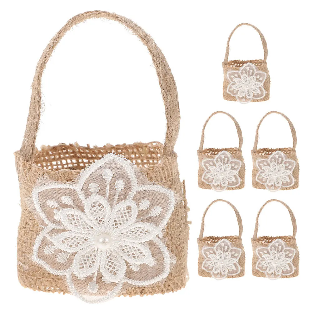 

6Pcs Mini Burlap Flower Basket Candy Bags Wedding Party Favors Decor Rustic Style Burlap Flower Girl Basket Party