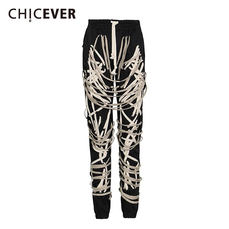 

CHICEVER Streetwear Spliced Bandage Black Pants for Women High Waist Slimming Chic Pencil Trousers Female Fashion Spring Style
