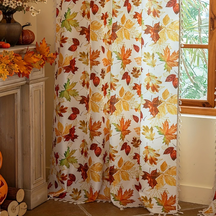 1PC Thanksgiving Fall Tassel Sheer Curtains, Maple Leaf, Digital Print, Linen Polyester, Bedroom Living Room, Home Decor