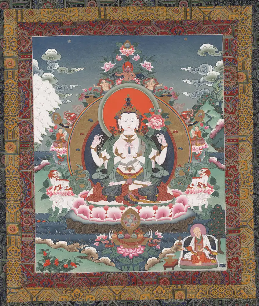 

Chenrezig Thangka,Gandhanra Tibetan Buddhist Thangka Art,Giclee Printed and Hand Framed,47" × 32"