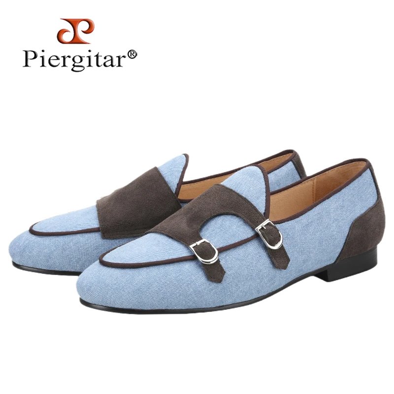 Piergitar Blue Denim Patchwork Cow Suede Belgian Loafers For Party Handmade Men Monk Shoes Slip-On Smoking Slippers Plus Size
