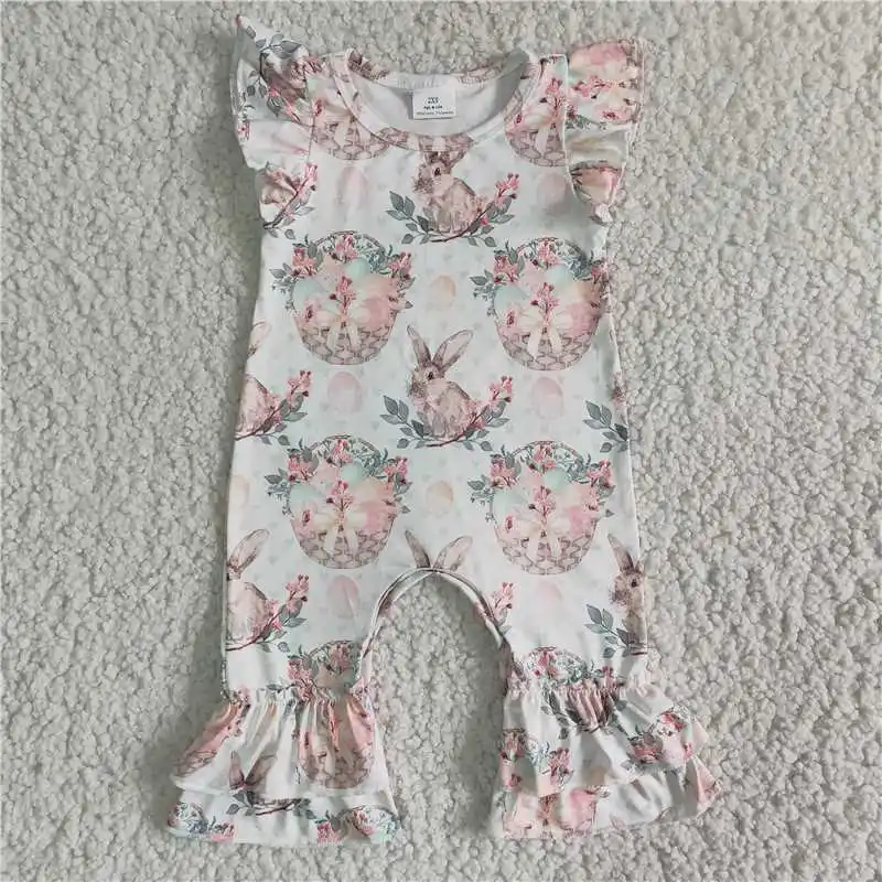 

2022 Rts White Floral Decor Rabbits Print Boutique Wholesale Lace Rompers Fashion Daily Wearing Fashion Hot Selling For Kids