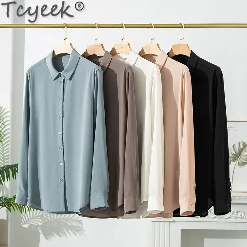 

Tcyeek 100% Mulberry Silk Blouse Women White Shirt Long Sleeve Real Silk Shirts for Women 2023 Spring Elegant Blouses Top Femme