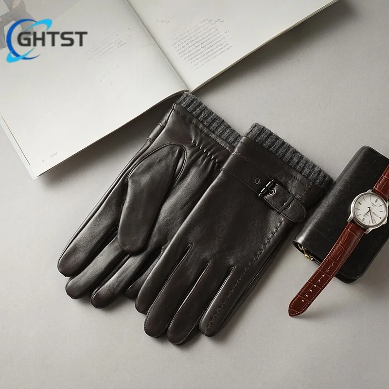 2025Hot Sale Men Genuine Spring Gloves Leather Gloves Touch Screen Black Real Sheepskin Thin Driving Gloves Business Brown Glove