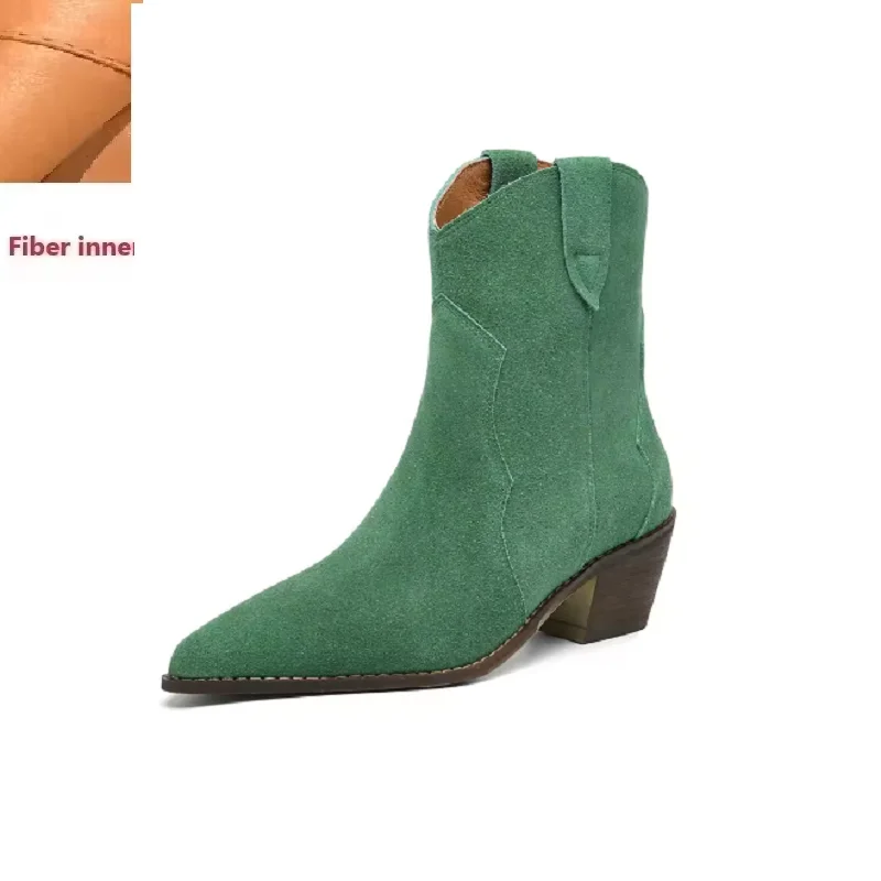 Damskie buty Chelsea na wiosnę jesień krowa zamsz punktowe Toe gruby obcas szyte botki buty zimowe kobieta Western Botas