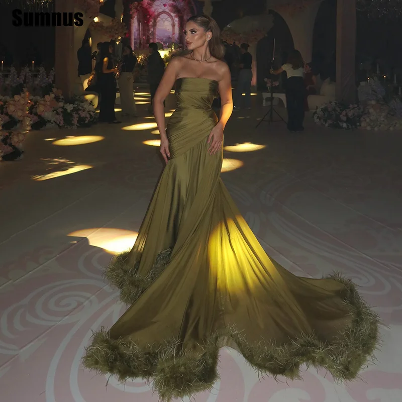 Sumnus エレガントな A ライン プロムドレス シフォン プリーツ ストラップレス フェザー マキシ イブニング ドレス トレイン付き Vestidos カスタマイズ
