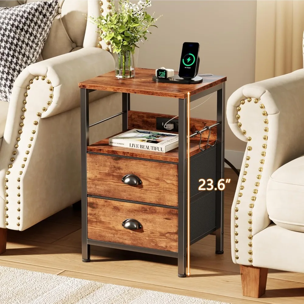 

Nightstand Set of 2, Rustic Brown, with Charging Station and USB Ports, Side Tables with 2 Fabric Drawers, Bedside, Customized