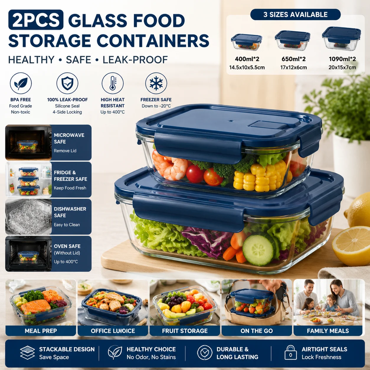 2PCS Glass Storage Containers with Airtight Lid BPA Free Leakproof Refrigerator Organizer Microwave Safe Kitchen Food Box