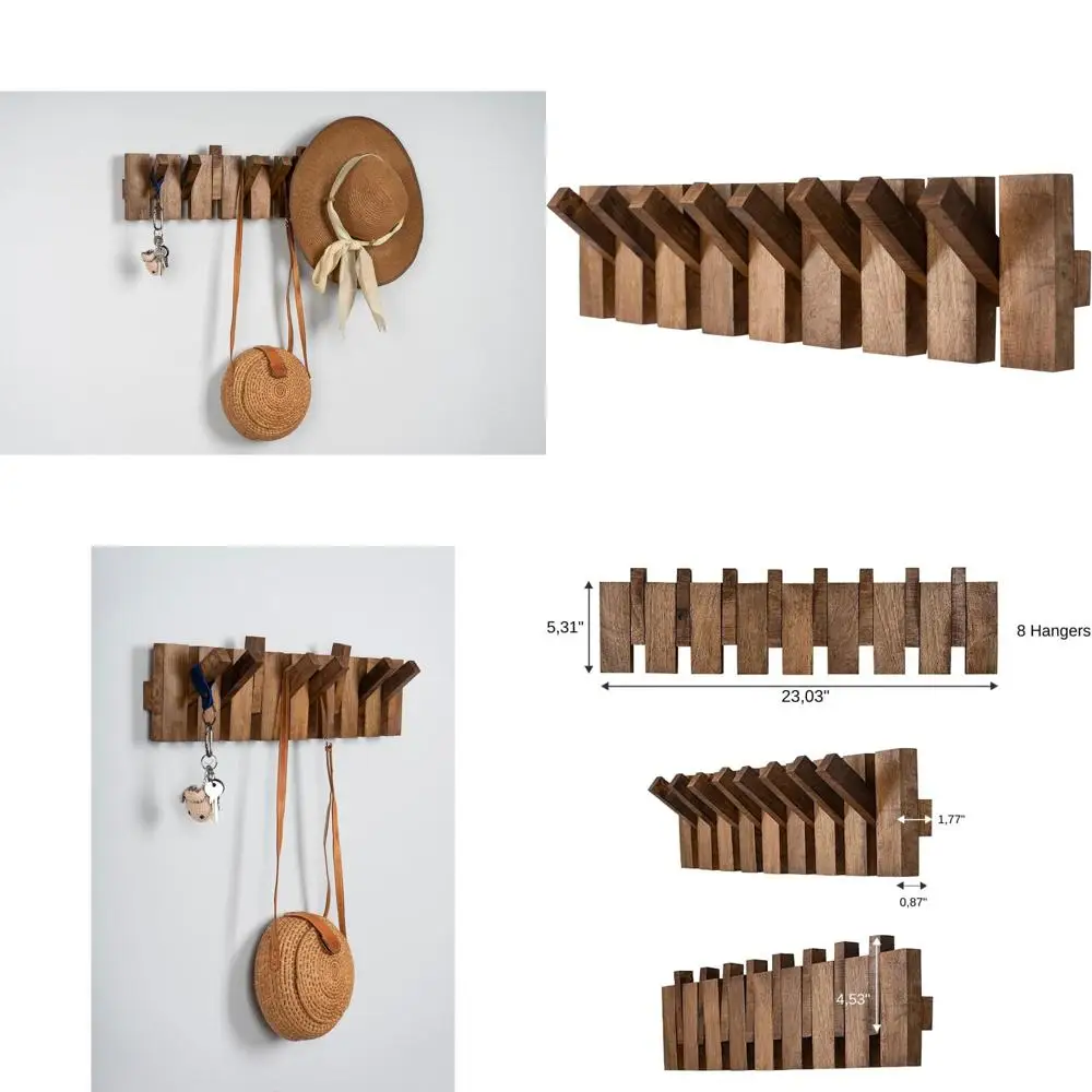 

Large Rustic Wall-Mounted Walnut Coat Rack with Flip Hooks for Hats, Jackets, Bags, and Towels