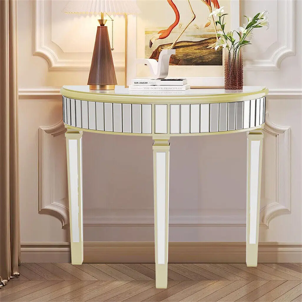 Mirrored Console Table 90cm Half Moon Champagne Trim Narrow Entryway Hallway Table for Living Room