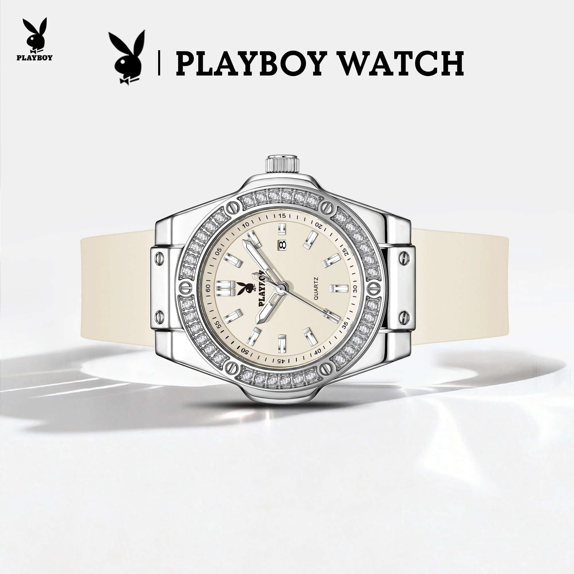PLAYBOY 3147 Original Quartz Movement Watch Round Dial Silicone Strap HD Luminous Function 30m Waterproof Watch Women