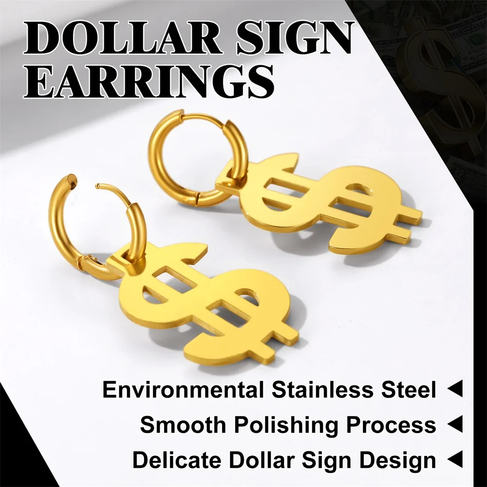U7 Stainless Steel USA America Currency Dollar Sign Dangle Earrings for Man Woman 3d $ Charm Hip Hop Unisex Jewelry QC view 4