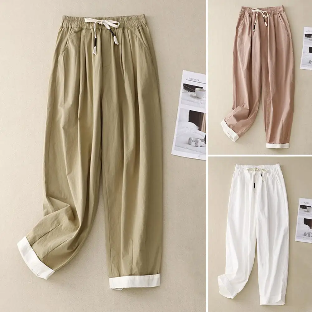 

Elastic High Waist Pants Spring Trousers Stylish Women's Wide Leg Drawstring Pants with Pockets Retro Casual Trousers for Summer