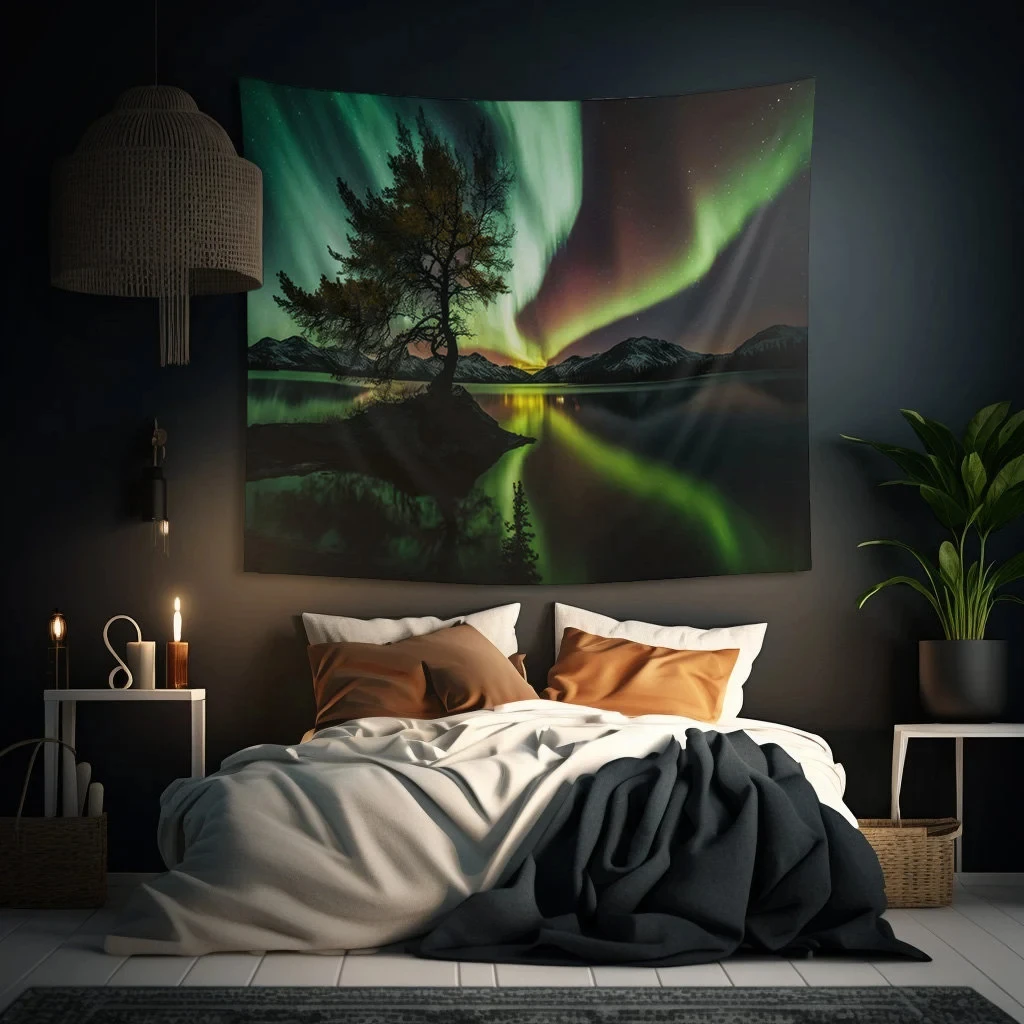 VIKAMA Northern Lights Lake Tapestry Forest Healing Background Cloth Nordic Landscape Living Room Decoration