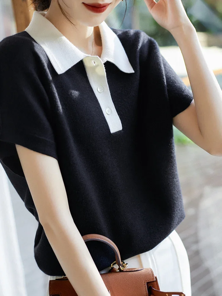 Summer Turn Down Collar Knitted Sweater Women Tops Pullovers Blusas Mujer De Moda 2024 Short Sleeve Knit Women Sweater F388