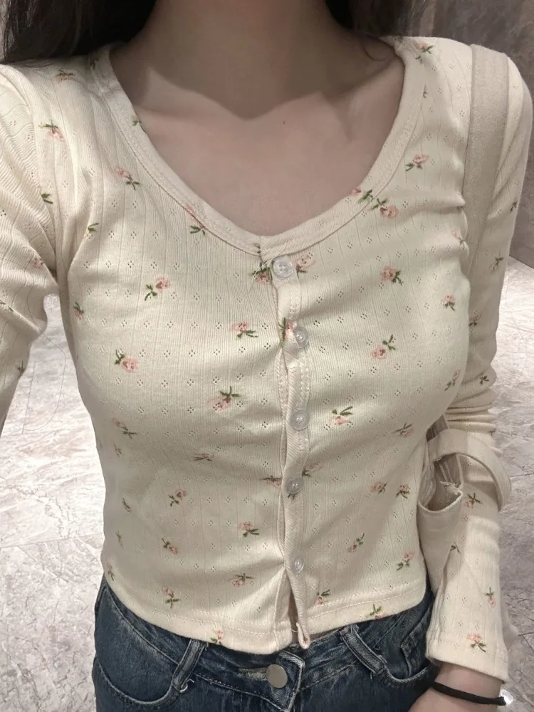 Deeptown Sweet Floral Shirts for Women Y2k Korean Cute Blouses Cropped Cotton Long Sleeve Cardigan Knitted Vintage Hollow Out