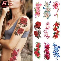 Colorful Flower Temporary Tattoo For Women Girls Rose Peony Waterproof Fake Tattoo Sticker Body Art Sexy Fashion Painted Tattoo