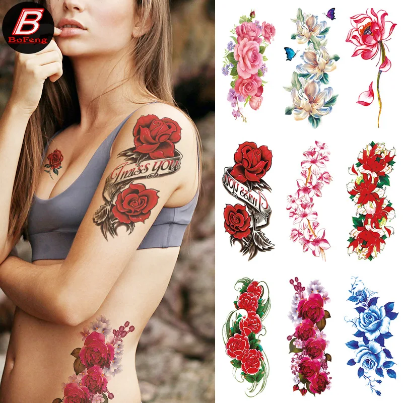 Colorful Flower Temporary Tattoo For Women Girls Rose Peony Waterproof Fake Tattoo Sticker Body Art Sexy Fashion Painted Tattoo
