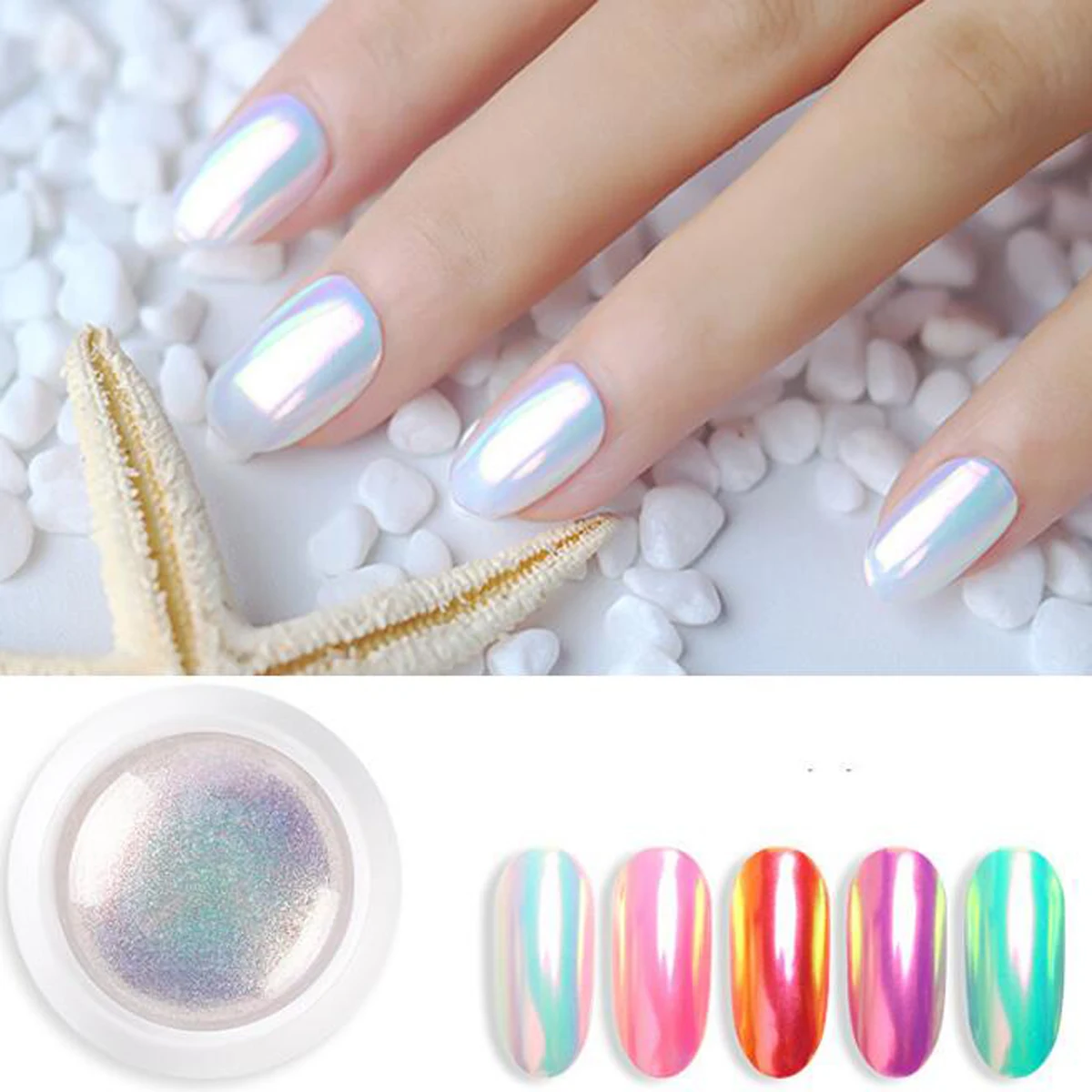 1Box Shell Pearl Mermaid Nail Powder Mirror White Rubbing on Nail Glitter Laser Aurora Shimmer Pigment Nail Art Decorations