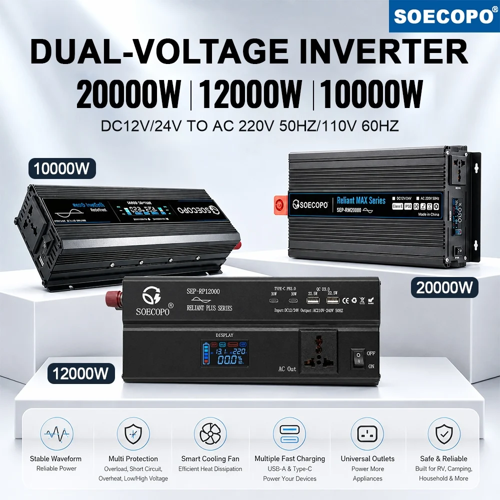 Dual Voltage Power Inverter（10000W/12000W/20000W）DC12V/24V to AC110V/220V Converter High Conversion Rate For Emergency Use Car